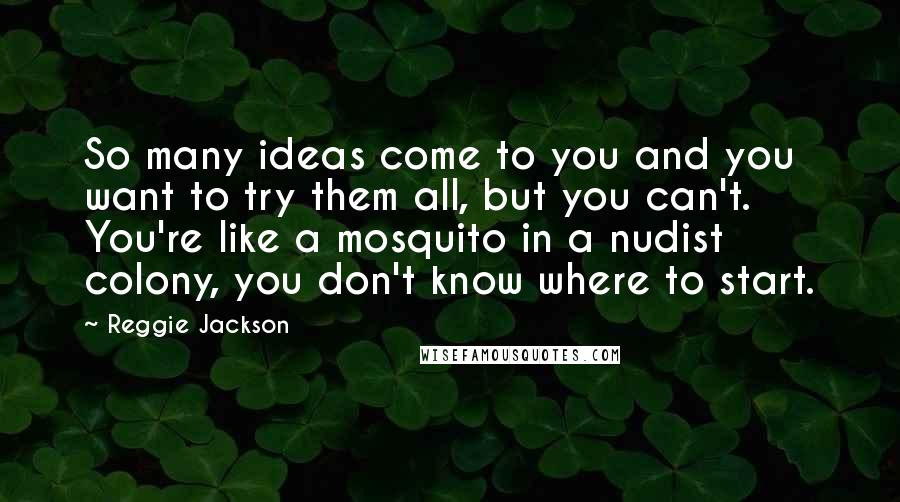 Reggie Jackson Quotes: So many ideas come to you and you want to try them all, but you can't. You're like a mosquito in a nudist colony, you don't know where to start.