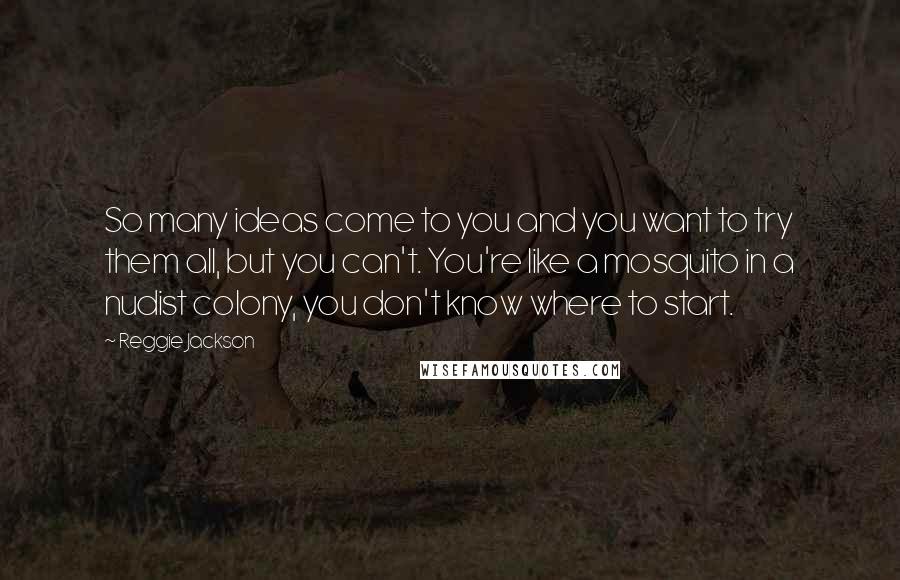 Reggie Jackson Quotes: So many ideas come to you and you want to try them all, but you can't. You're like a mosquito in a nudist colony, you don't know where to start.
