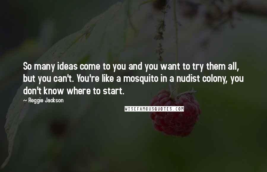 Reggie Jackson Quotes: So many ideas come to you and you want to try them all, but you can't. You're like a mosquito in a nudist colony, you don't know where to start.