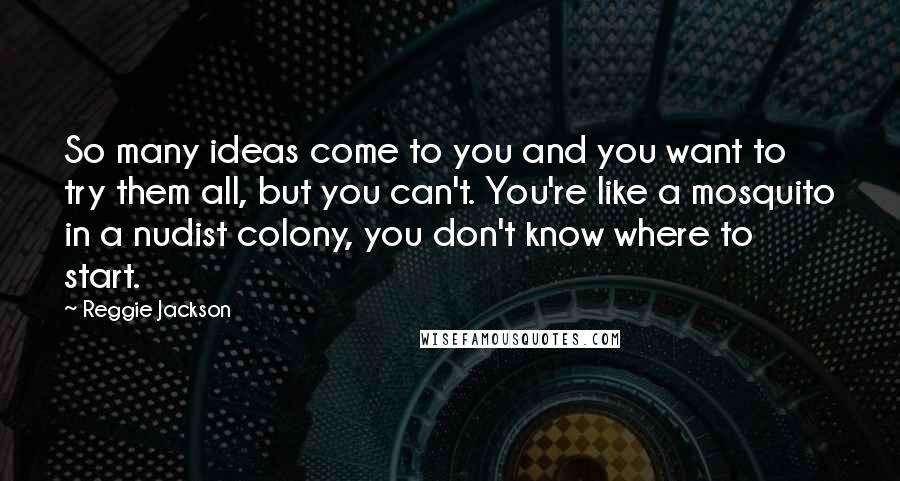 Reggie Jackson Quotes: So many ideas come to you and you want to try them all, but you can't. You're like a mosquito in a nudist colony, you don't know where to start.