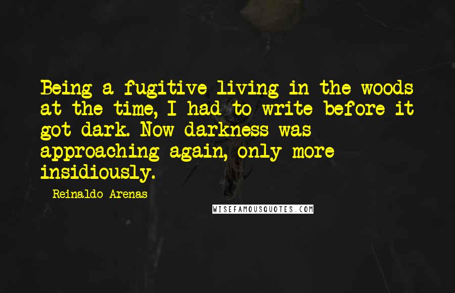 Reinaldo Arenas Quotes: Being a fugitive living in the woods at the time, I had to write before it got dark. Now darkness was approaching again, only more insidiously.