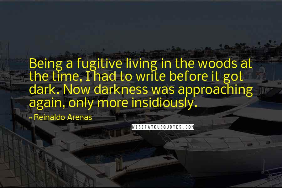 Reinaldo Arenas Quotes: Being a fugitive living in the woods at the time, I had to write before it got dark. Now darkness was approaching again, only more insidiously.