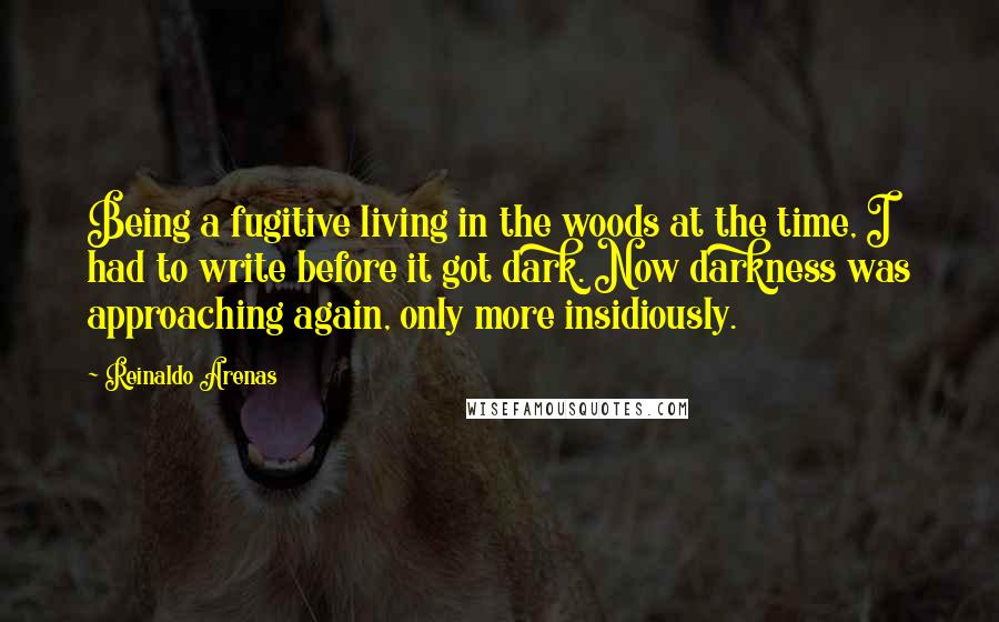 Reinaldo Arenas Quotes: Being a fugitive living in the woods at the time, I had to write before it got dark. Now darkness was approaching again, only more insidiously.