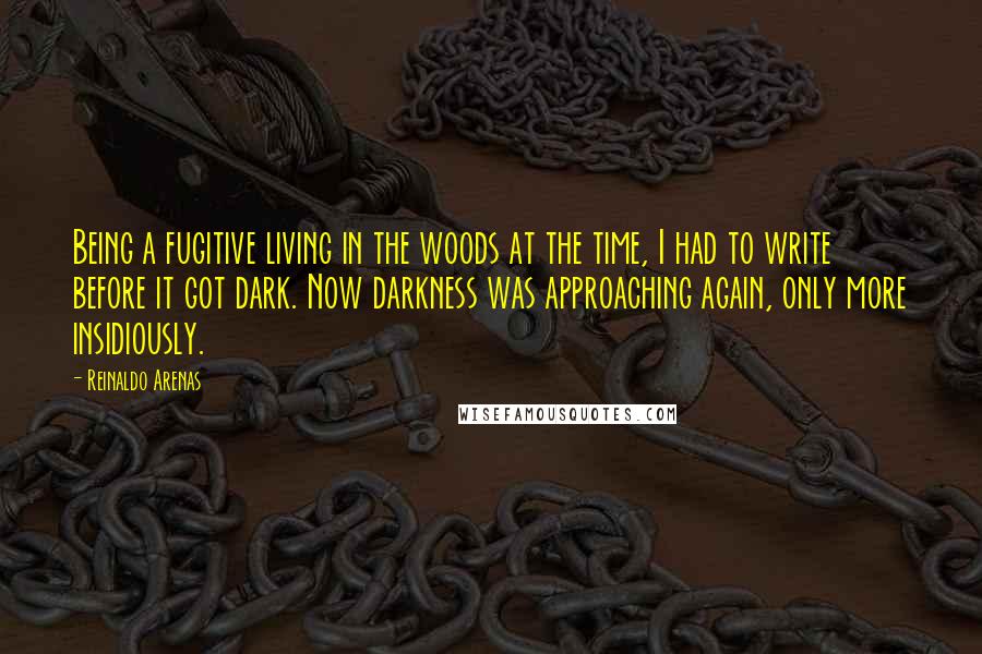 Reinaldo Arenas Quotes: Being a fugitive living in the woods at the time, I had to write before it got dark. Now darkness was approaching again, only more insidiously.