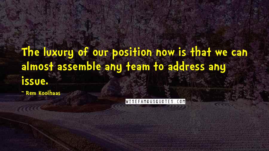 Rem Koolhaas Quotes: The luxury of our position now is that we can almost assemble any team to address any issue.