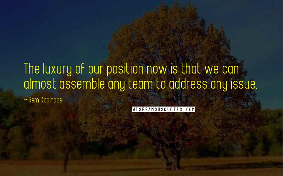 Rem Koolhaas Quotes: The luxury of our position now is that we can almost assemble any team to address any issue.