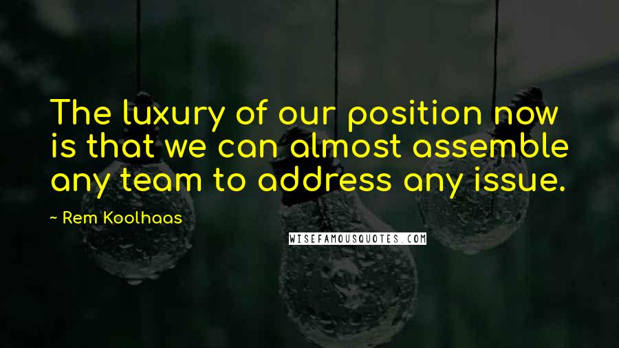 Rem Koolhaas Quotes: The luxury of our position now is that we can almost assemble any team to address any issue.