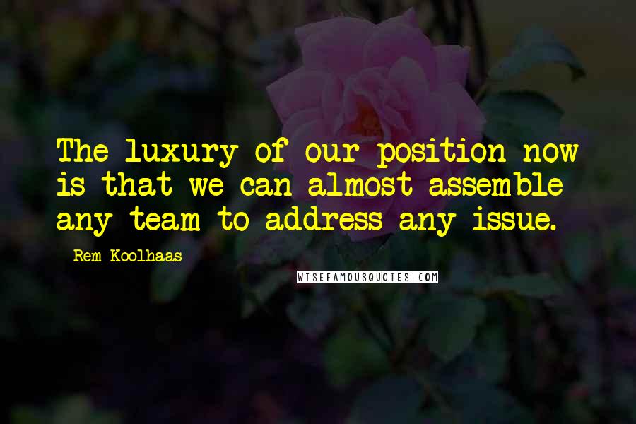 Rem Koolhaas Quotes: The luxury of our position now is that we can almost assemble any team to address any issue.