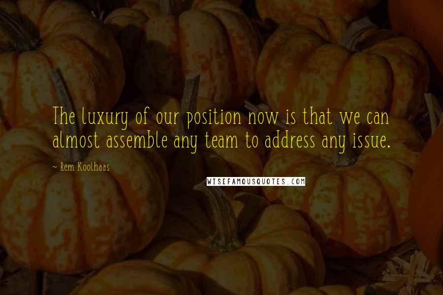 Rem Koolhaas Quotes: The luxury of our position now is that we can almost assemble any team to address any issue.