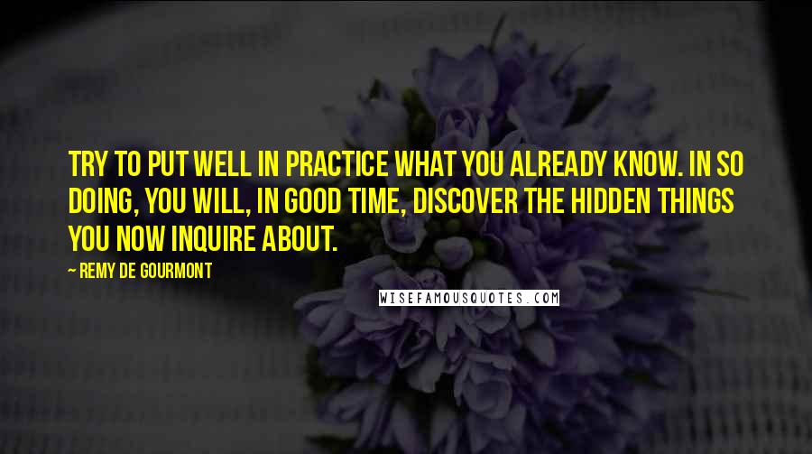 Remy De Gourmont Quotes: Try to put well in practice what you already know. In so doing, you will, in good time, discover the hidden things you now inquire about.