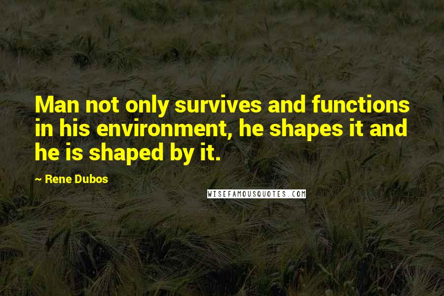 Rene Dubos Quotes: Man not only survives and functions in his environment, he shapes it and he is shaped by it.