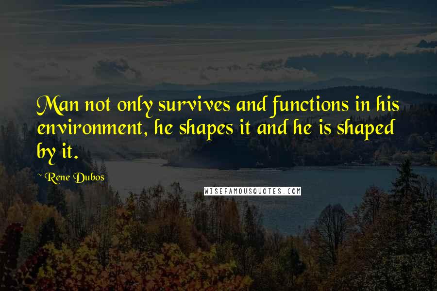 Rene Dubos Quotes: Man not only survives and functions in his environment, he shapes it and he is shaped by it.