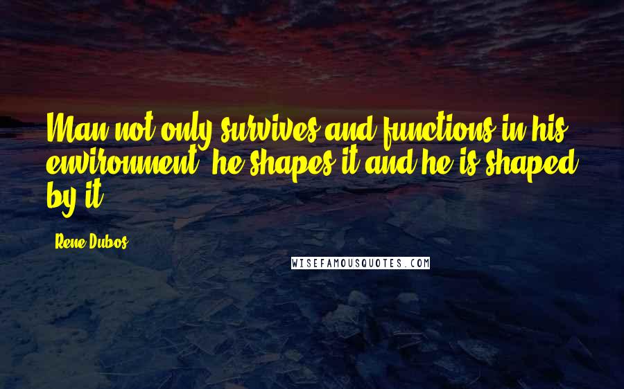 Rene Dubos Quotes: Man not only survives and functions in his environment, he shapes it and he is shaped by it.