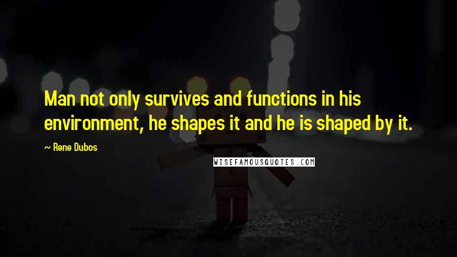 Rene Dubos Quotes: Man not only survives and functions in his environment, he shapes it and he is shaped by it.