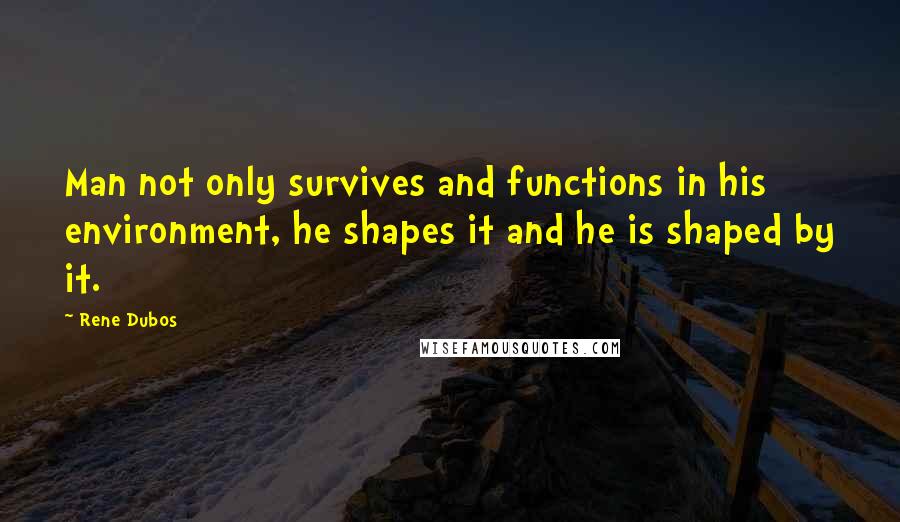 Rene Dubos Quotes: Man not only survives and functions in his environment, he shapes it and he is shaped by it.