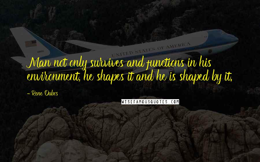 Rene Dubos Quotes: Man not only survives and functions in his environment, he shapes it and he is shaped by it.