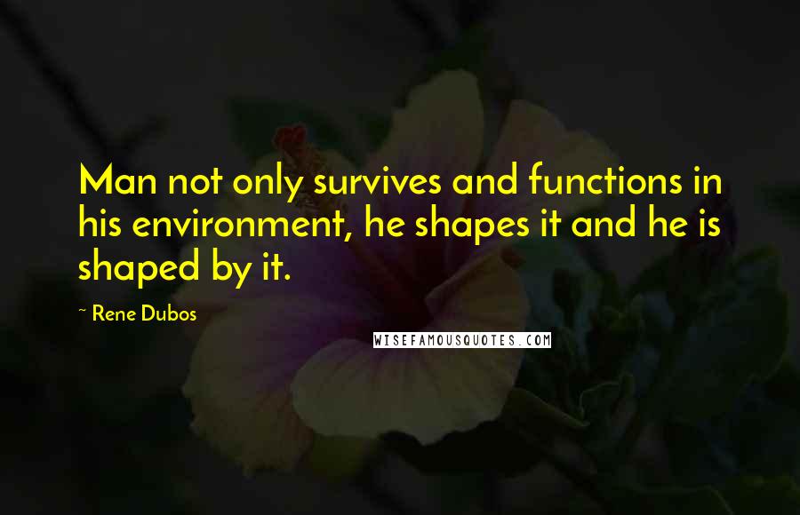 Rene Dubos Quotes: Man not only survives and functions in his environment, he shapes it and he is shaped by it.