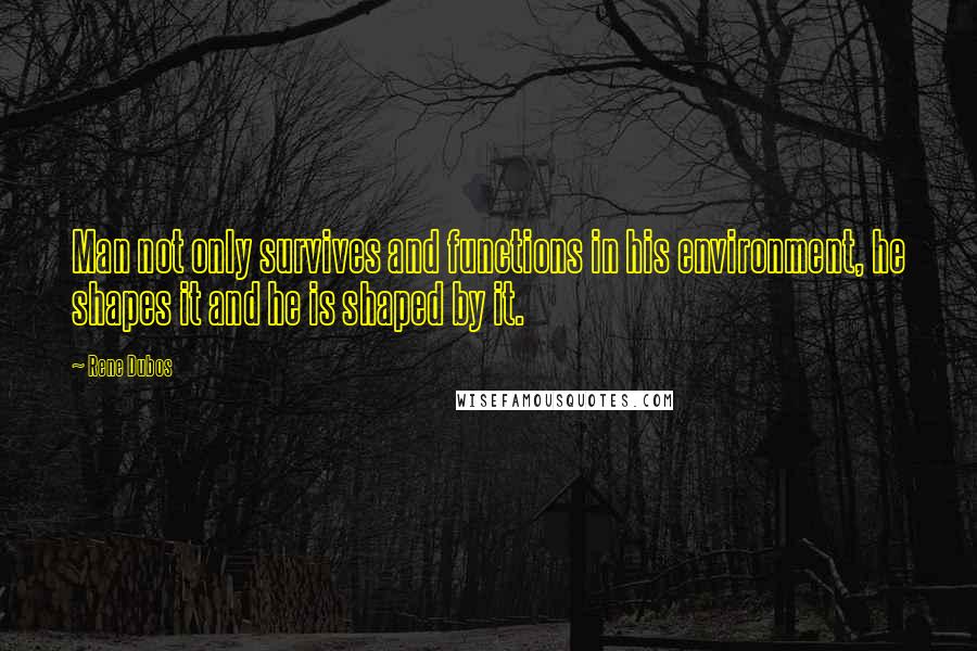 Rene Dubos Quotes: Man not only survives and functions in his environment, he shapes it and he is shaped by it.