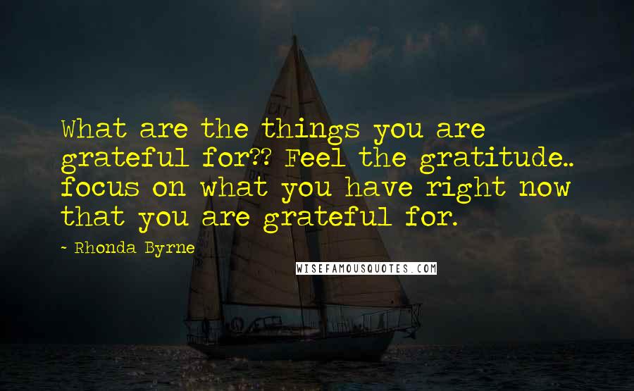 Rhonda Byrne Quotes: What are the things you are grateful for?? Feel the gratitude.. focus on what you have right now that you are grateful for.