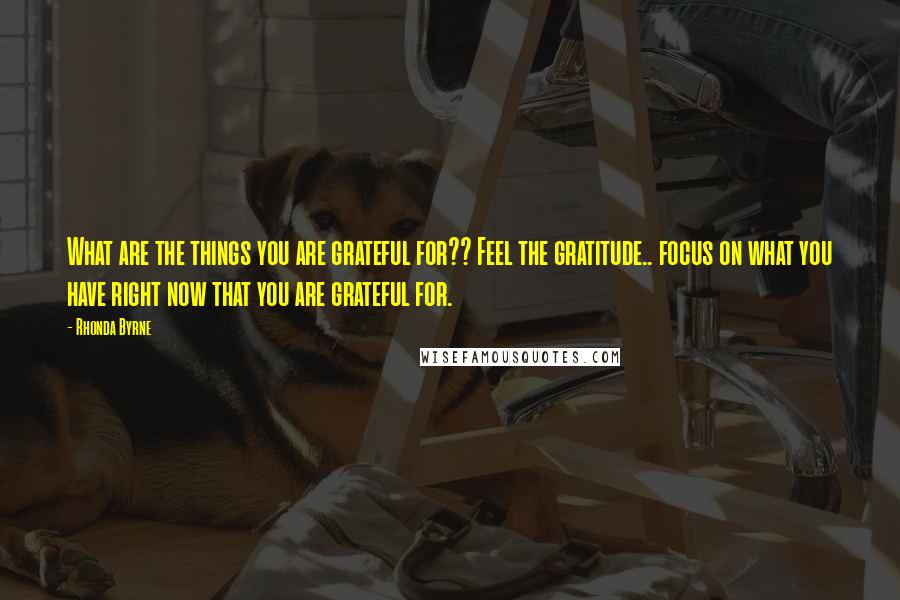 Rhonda Byrne Quotes: What are the things you are grateful for?? Feel the gratitude.. focus on what you have right now that you are grateful for.