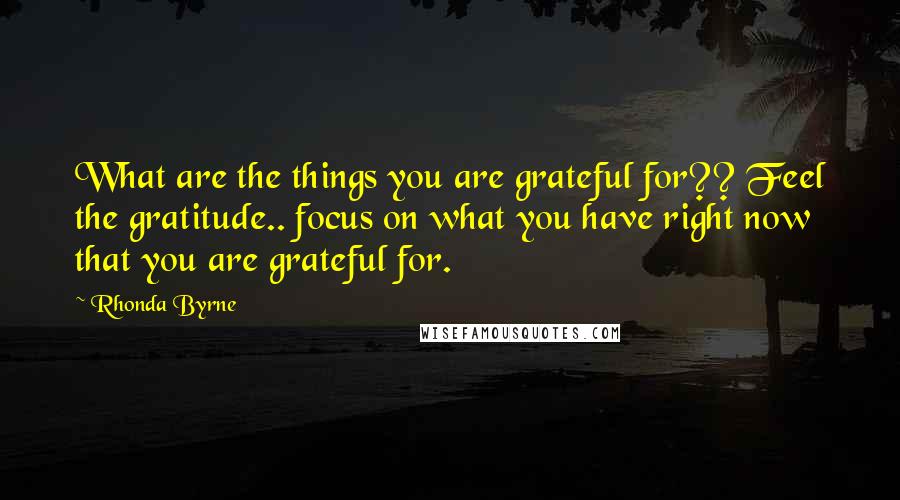 Rhonda Byrne Quotes: What are the things you are grateful for?? Feel the gratitude.. focus on what you have right now that you are grateful for.