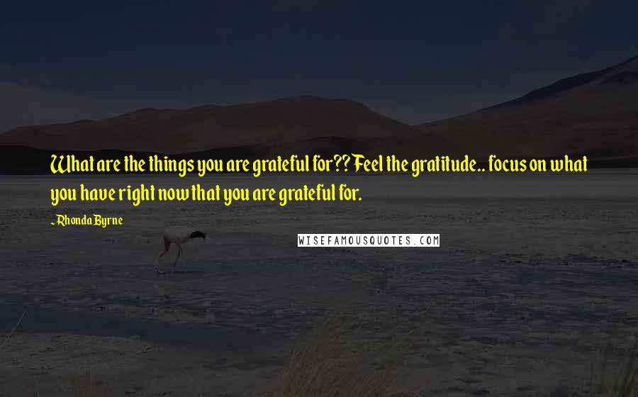 Rhonda Byrne Quotes: What are the things you are grateful for?? Feel the gratitude.. focus on what you have right now that you are grateful for.