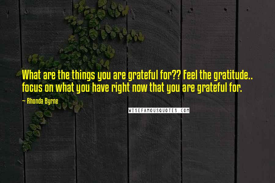 Rhonda Byrne Quotes: What are the things you are grateful for?? Feel the gratitude.. focus on what you have right now that you are grateful for.