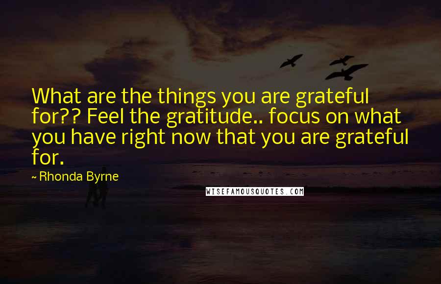 Rhonda Byrne Quotes: What are the things you are grateful for?? Feel the gratitude.. focus on what you have right now that you are grateful for.