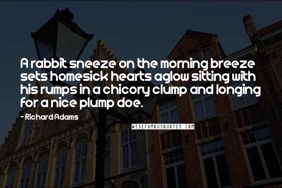 Richard Adams Quotes: A rabbit sneeze on the morning breeze sets homesick hearts aglow sitting with his rumps in a chicory clump and longing for a nice plump doe.