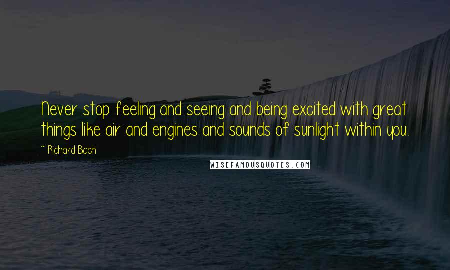 Richard Bach Quotes: Never stop feeling and seeing and being excited with great things like air and engines and sounds of sunlight within you.