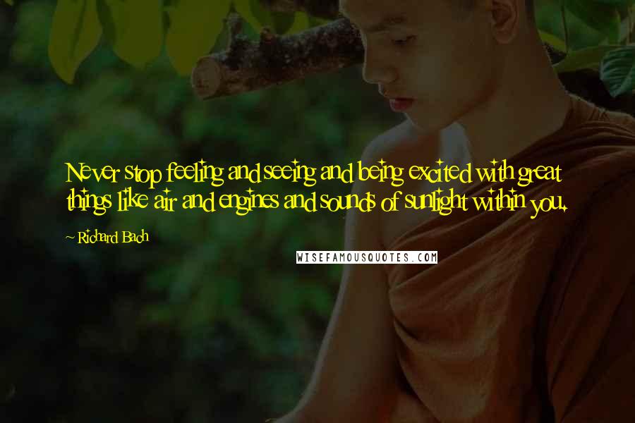 Richard Bach Quotes: Never stop feeling and seeing and being excited with great things like air and engines and sounds of sunlight within you.