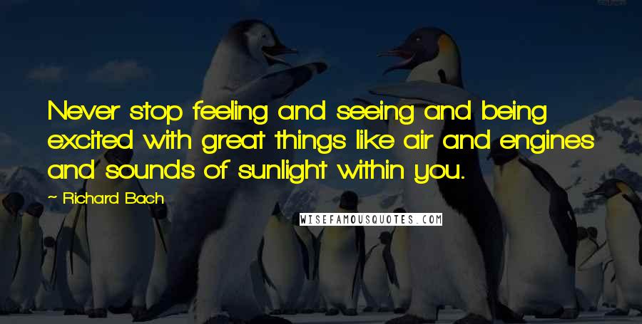 Richard Bach Quotes: Never stop feeling and seeing and being excited with great things like air and engines and sounds of sunlight within you.