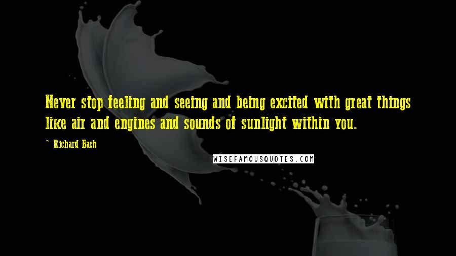 Richard Bach Quotes: Never stop feeling and seeing and being excited with great things like air and engines and sounds of sunlight within you.