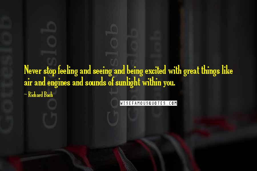 Richard Bach Quotes: Never stop feeling and seeing and being excited with great things like air and engines and sounds of sunlight within you.