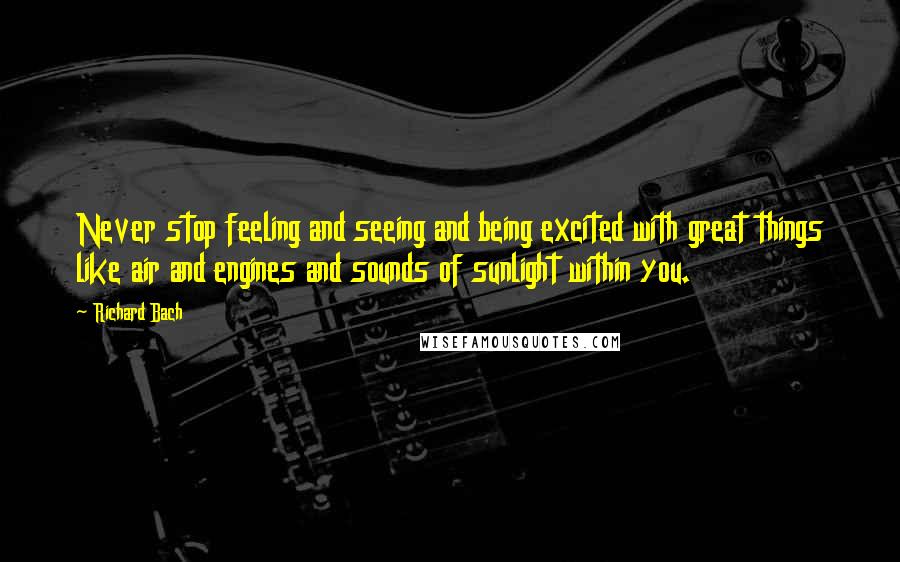 Richard Bach Quotes: Never stop feeling and seeing and being excited with great things like air and engines and sounds of sunlight within you.