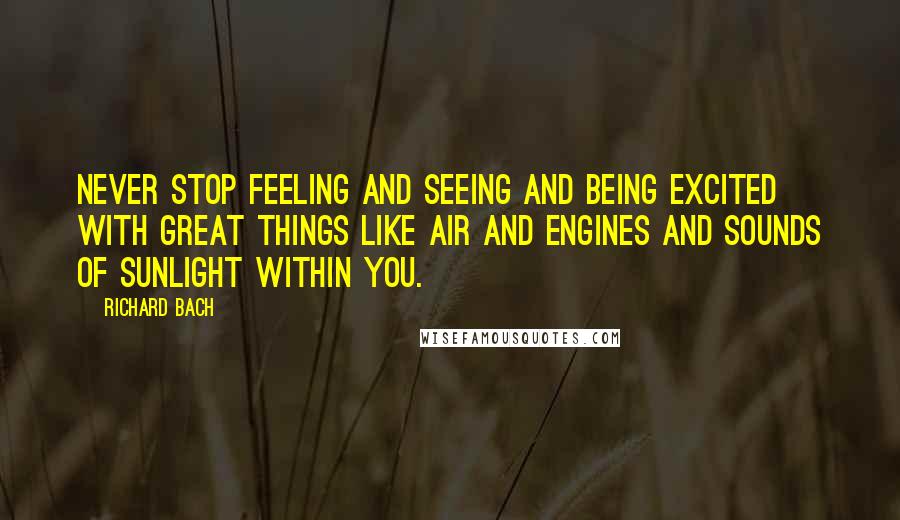 Richard Bach Quotes: Never stop feeling and seeing and being excited with great things like air and engines and sounds of sunlight within you.