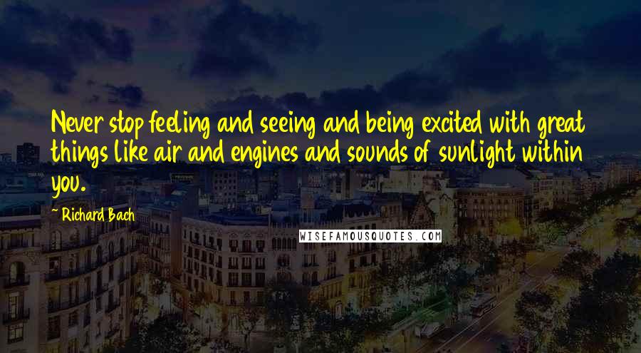 Richard Bach Quotes: Never stop feeling and seeing and being excited with great things like air and engines and sounds of sunlight within you.