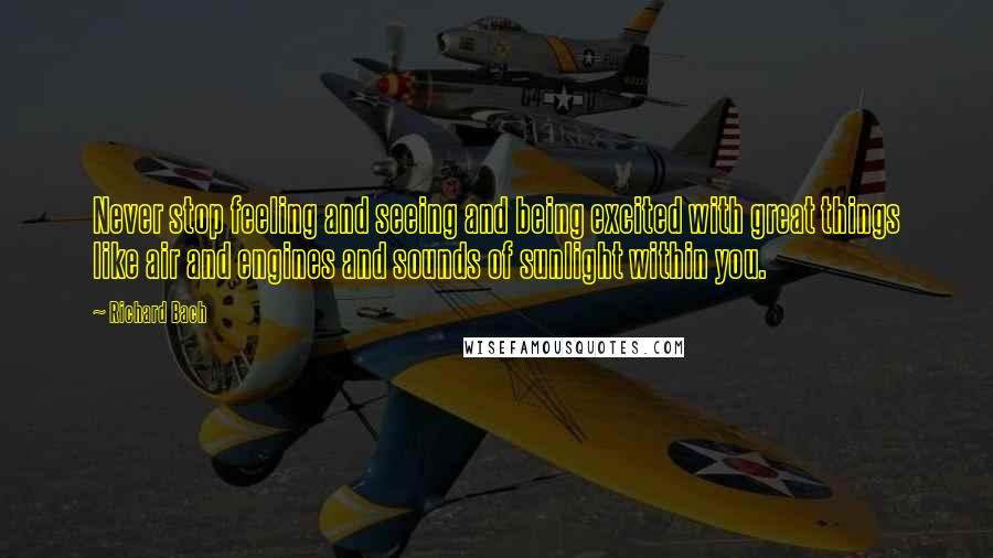 Richard Bach Quotes: Never stop feeling and seeing and being excited with great things like air and engines and sounds of sunlight within you.