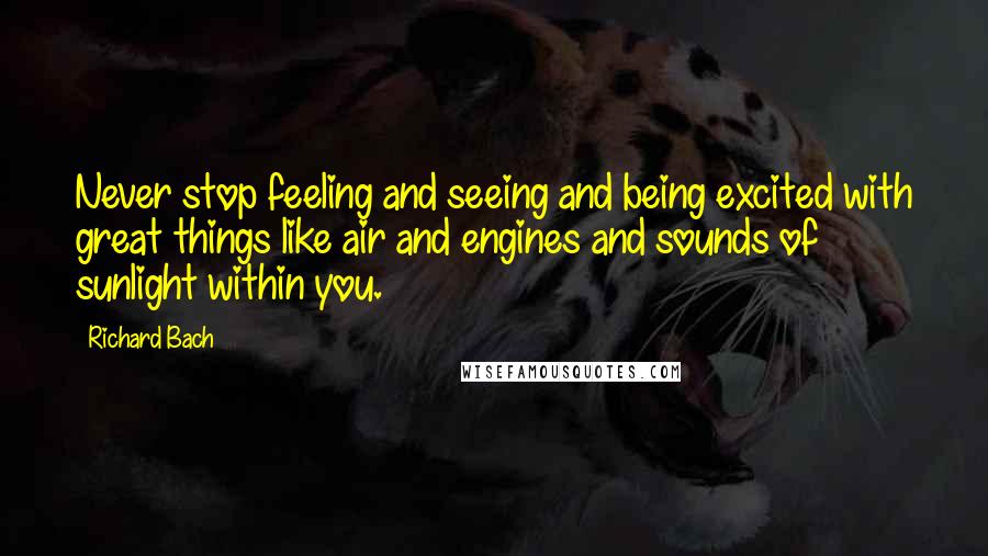 Richard Bach Quotes: Never stop feeling and seeing and being excited with great things like air and engines and sounds of sunlight within you.