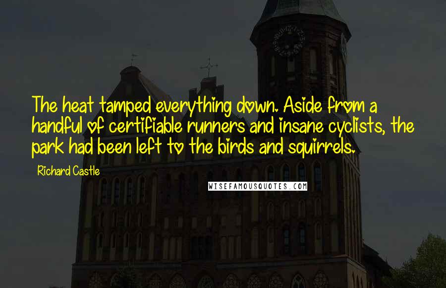 Richard Castle Quotes: The heat tamped everything down. Aside from a handful of certifiable runners and insane cyclists, the park had been left to the birds and squirrels.