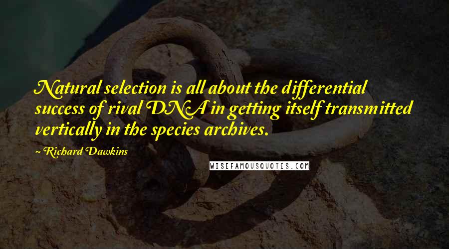 Richard Dawkins Quotes: Natural selection is all about the differential success of rival DNA in getting itself transmitted vertically in the species archives.