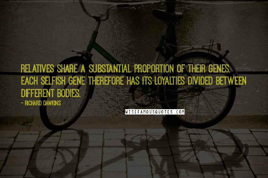 Richard Dawkins Quotes: Relatives share a substantial proportion of their genes. Each selfish gene therefore has its loyalties divided between different bodies.