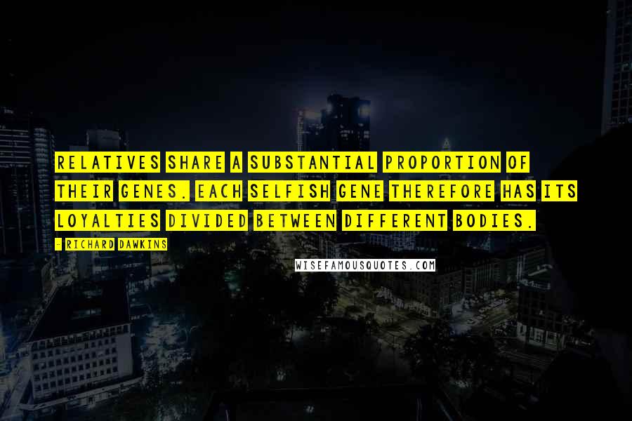 Richard Dawkins Quotes: Relatives share a substantial proportion of their genes. Each selfish gene therefore has its loyalties divided between different bodies.