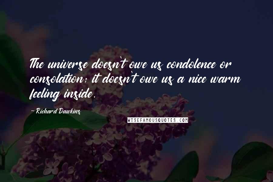 Richard Dawkins Quotes: The universe doesn't owe us condolence or consolation; it doesn't owe us a nice warm feeling inside.