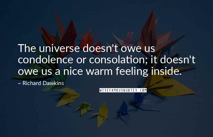 Richard Dawkins Quotes: The universe doesn't owe us condolence or consolation; it doesn't owe us a nice warm feeling inside.