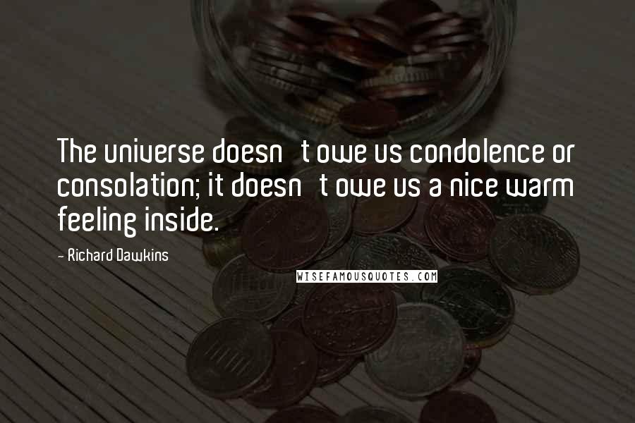 Richard Dawkins Quotes: The universe doesn't owe us condolence or consolation; it doesn't owe us a nice warm feeling inside.