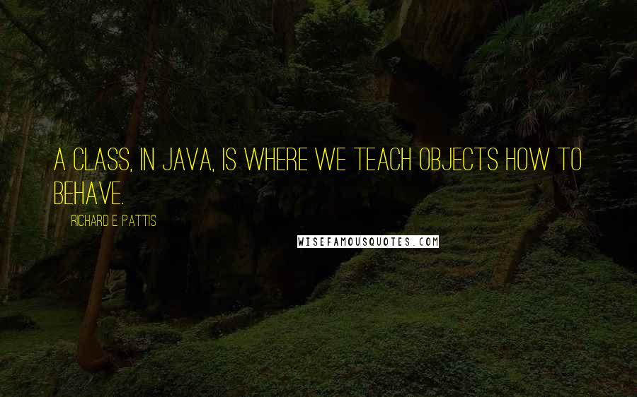 Richard E. Pattis Quotes: A class, in Java, is where we teach objects how to behave.