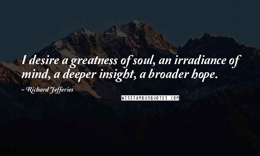 Richard Jefferies Quotes: I desire a greatness of soul, an irradiance of mind, a deeper insight, a broader hope.