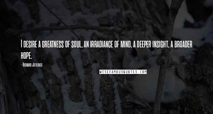 Richard Jefferies Quotes: I desire a greatness of soul, an irradiance of mind, a deeper insight, a broader hope.