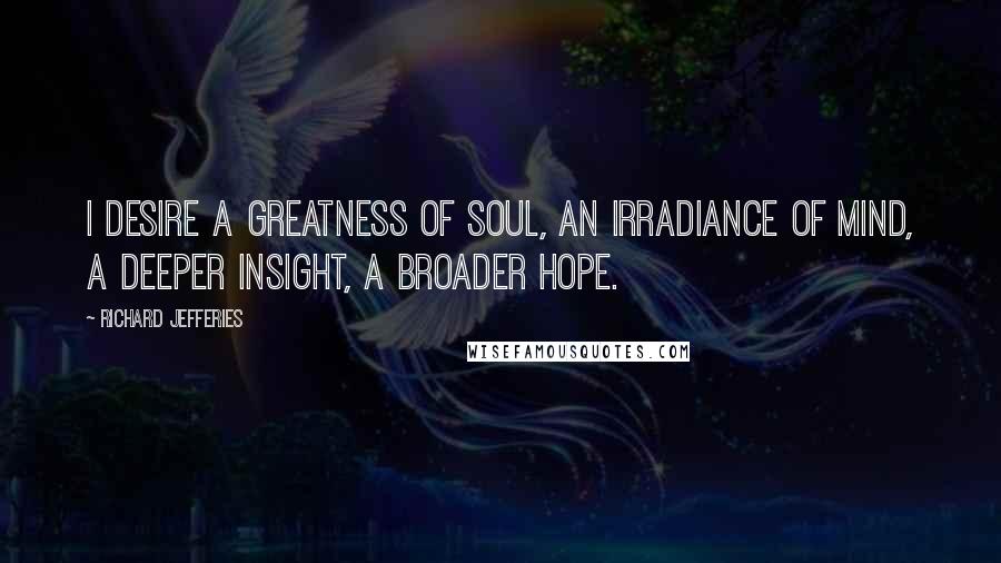 Richard Jefferies Quotes: I desire a greatness of soul, an irradiance of mind, a deeper insight, a broader hope.